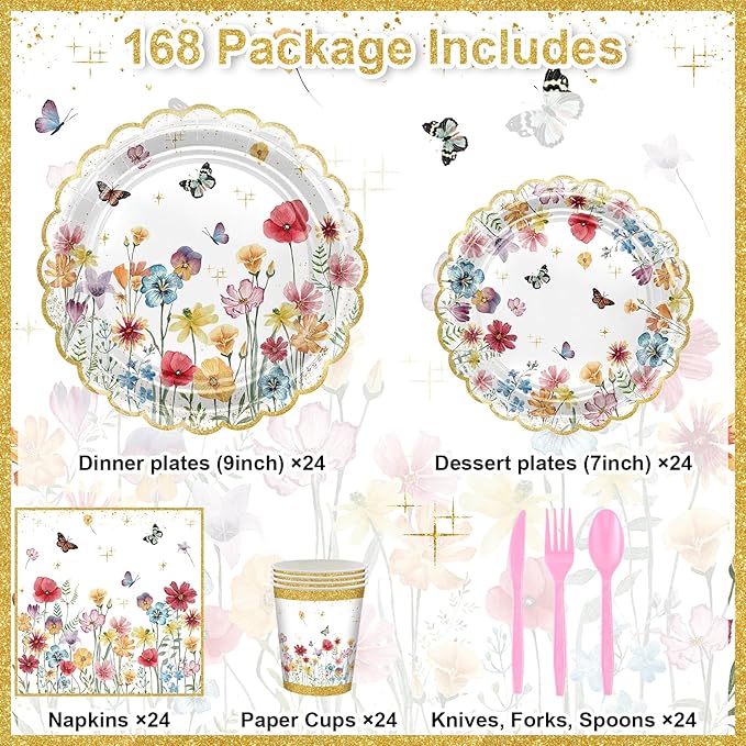 Avezano 168 PCS Wildflower Party Decorations Spring Floral Butterfly Plates Napkin Tableware Set for Girls Wildflower Birthday Baby Shower Supplies, Serves 24
