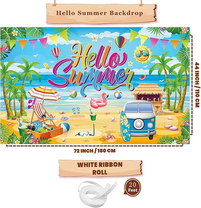Hello Summer Party Decorations, Hello Summer Backdrop Banner for Hello Summer Party Decorations Supplies, 71 x 43 inch