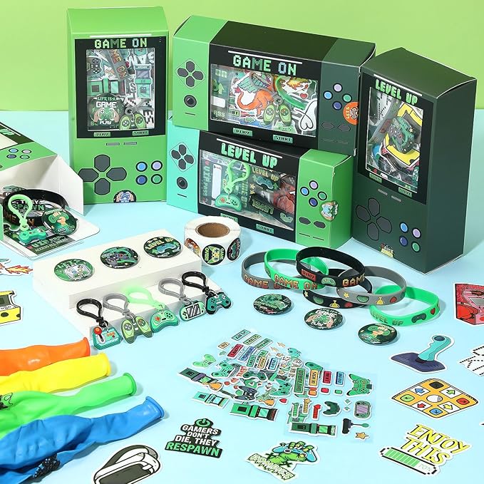 195 Pcs Video Game Party Favors for Kids Gamer Goodie Bag Stuffers Gaming Birthday Party Supplies with Gift Boxes, VIP Pass, Balloons, Bracelets, Keychains, Badges, 3D Stickers (Green)
