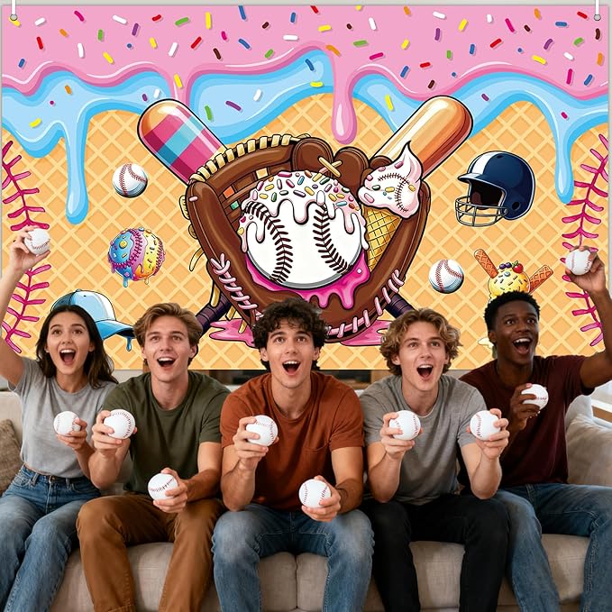 Ice Cream Drip Baseball Party Decoration Baseball Ice Cream Theme Banner Sport Party Hanging Photo Booth Supplies Sport Birthday Parties Background banner for Kids Teenager Holiday Christmas Supplies