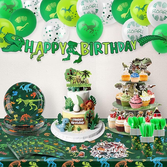 208pcs Dinosaur Birthday Party Decorations For Boys, Dinosaur Themes Birthday Party Supplies Serve 20 with Disposable Plates,Napkins,Cups,Cutlery Set, Banner,Tablecloth,Cake Topper,Ballons,Stickers