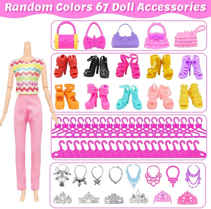 Ecore Fun 101 Pcs Doll Clothes and Accessories Set for 11.5 Inch Dolls - 5 Wedding Gowns 12 Fashion Dresses 2 Tops 2 Pants 2 Swimsuits 10 Shoes and Other Accessories Dress up Toys for Girls Kids