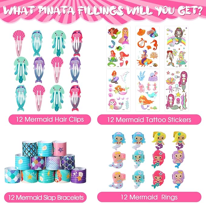 Hungdao 51 Pcs Mermaid Party Favors Mermaid Piñata Hairpin Slap Bracelets Ring Tattoo Sticker Under the Sea Birthday Party Supplies Classroom Prize Gift Goodie Bag Piñata Stuffers Fillers
