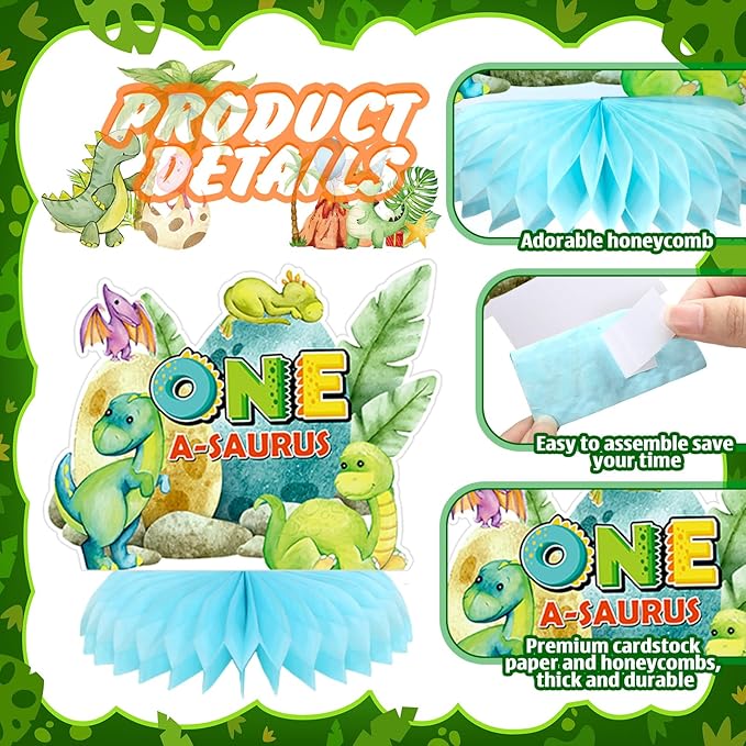 12 Pcs One a Saurus Birthday Decorations Dinosaur Honeycomb Centerpieces Dinosaur 1st Table Decoration Green Blue Dino Table Topper for Jungle Safari Birthday Party Favors Supplies