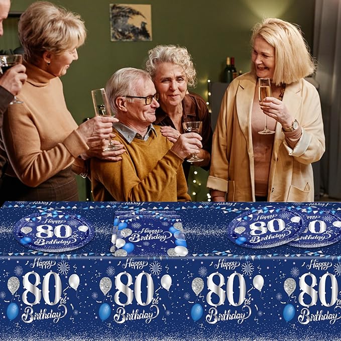 Blue 80th Birthday Decorations for Men Navy Blue Silver Happy 80th Birthday Tableware Set Include Happy 80th Birthday Plates Napkins Tablecloth for 60th Birthday Anniversary Party Decorations Supplies