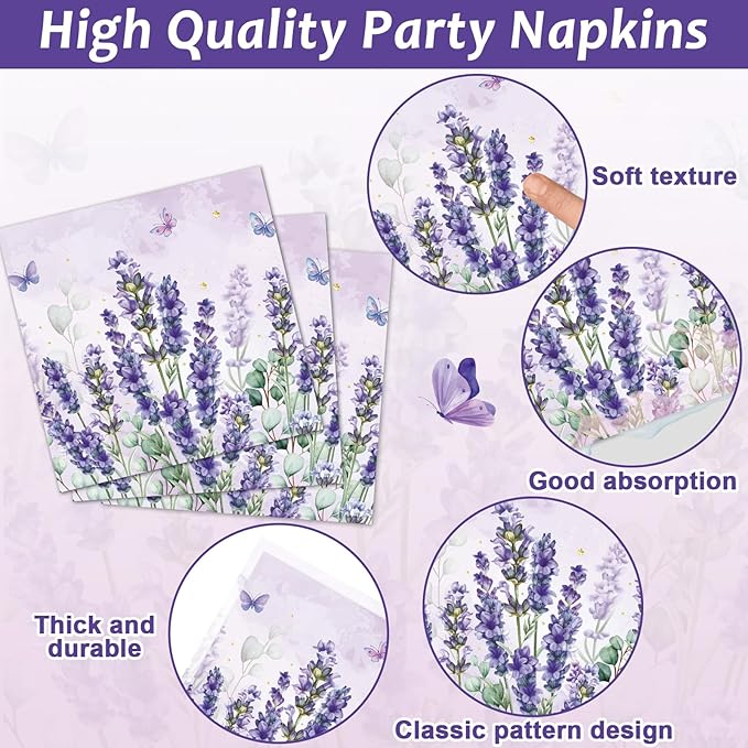 96 Pcs Purple Party Supplies Lavender Paper Plates Napkins Watercolor Floral Cake Dessert Tableware Set Butterfly Dinnerware for Spring Summer Birthday Party Shower Decoration Serve 24