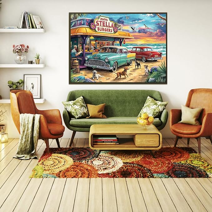 Jigsaw Puzzles for Adults 1000 Pieces, Interlock Perfectly Letter on Back No Dust, Home Decor Birthday Party Gift Toy for Men Women Elders Seniors, 1:1 Poster-Seaview Campground
