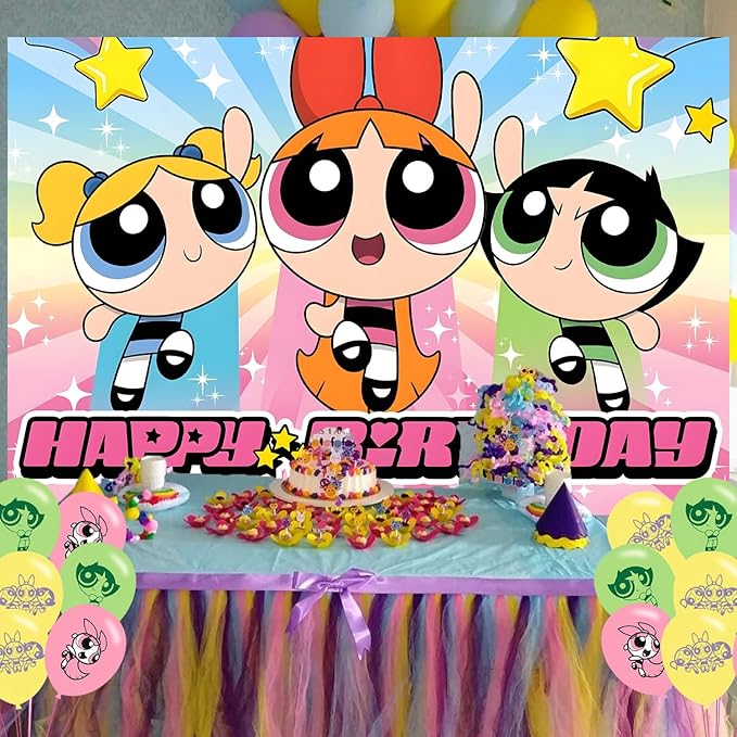 Power Girls Birthday Party Decoration,Power Girls Party Photo Background 5 x 3 FT and 18 Pcs Balloon,Merch Party Backdrop Supplies