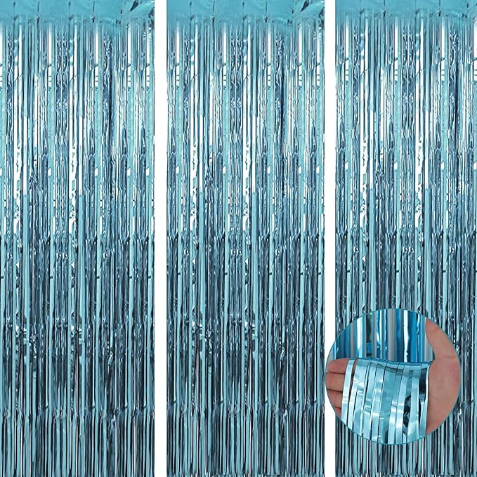 3 Pack 3.3 x 9.9 ft Light Blue Foil Fringe Backdrop Curtain, Streamer Backdrop Curtains, Streamers Birthday Party Decorations, Tinsel Curtain for Parties, Galentines Decor, Photo Booth