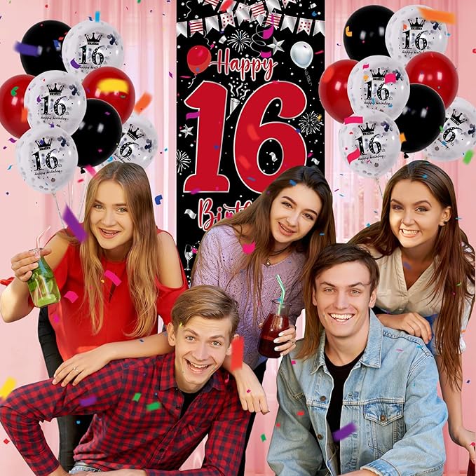 16th Birthday Decorations for Boys Girls, Red Black Happy 16th Birthday Boy Decorations Door Banner, Sweet 16 Birthday Party Balloons Decoration Large 16 Balloons Triangle Flag Decor for 16 Year Old