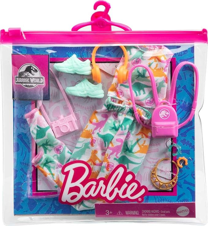 Barbie Fashion Pack of Doll Clothes Inspired by Jurassic World, Collectible Set Includes Crop Top & Jogger Pants with Dinosaur Print & 8 Accessories