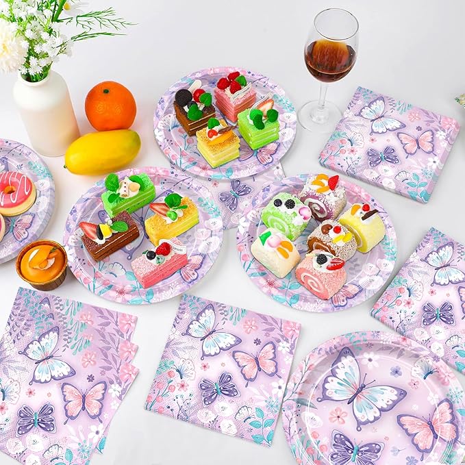 150pcs Butterfly Birthday Party Supplies Purple Butterfly Paper Plates Napkins Disposable Tableware Set Butterfly Party Supplies for Boys Girls Birthday Decor Serves 50 Guests