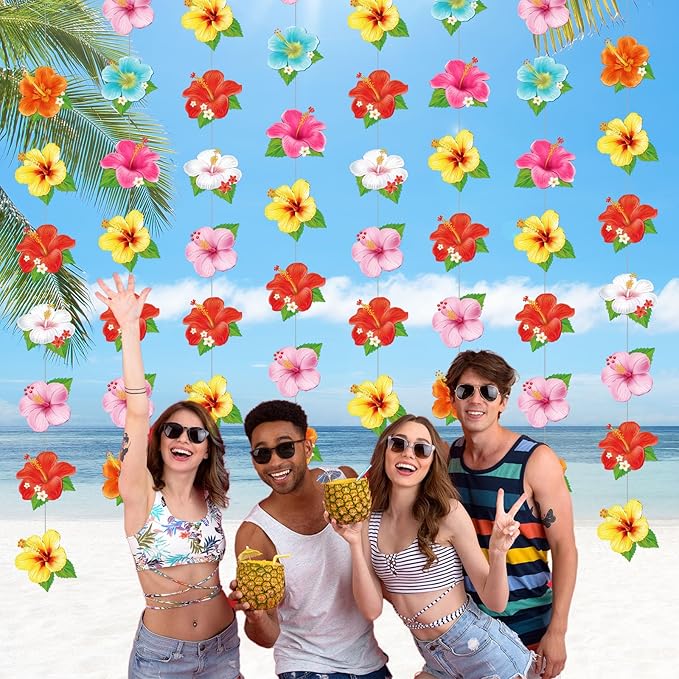 8 Pcs Hawaiian Luau Party Decorations Hibiscus Flower Birthday Hanging Garlands Banner Tropical Hawaiian Paper Cutouts Streamer for Wall Ceiling Decor Summer Aloha Beach Pool Party Supplies