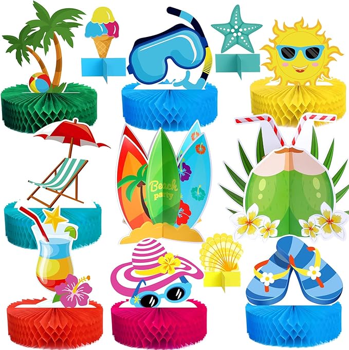 Yexiya 12 Pieces Beach Honeycomb Centerpieces Pool Cake Balls Table Toppers Beach Pool Party Supplies Decorations for Birthday