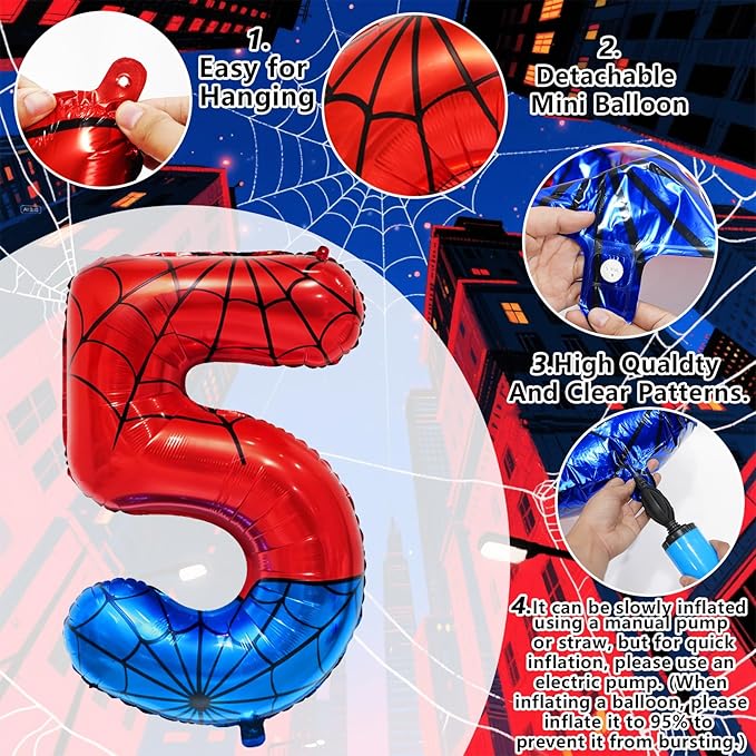 Spider Web Number 5 Balloon Birthday Decoration, Superhero Themed 40in Giant Mylar Number Party Supplies