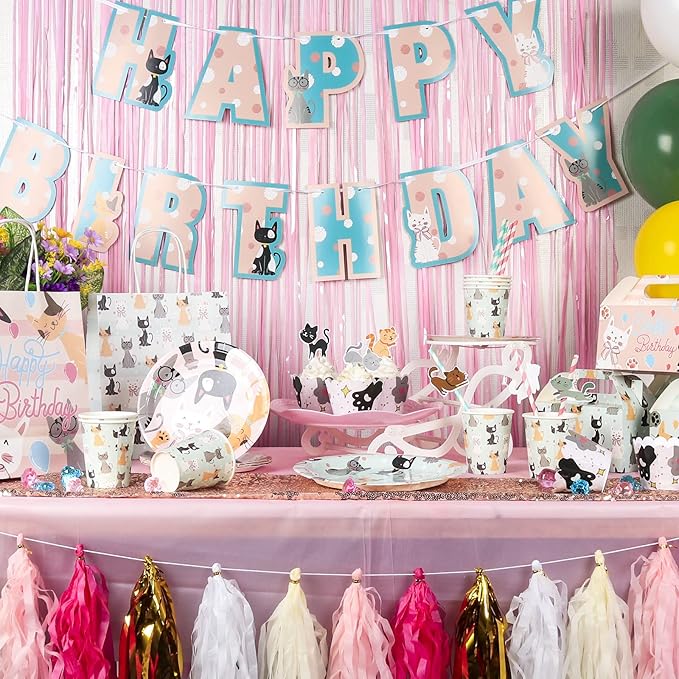 146Pcs Serves 16 Cat Theme Birthday Party Decorations Set,Kitten Disposable tableware,9in/7in Plates,Napkins,Cups,Knives,Forks,Spoons,Cupcake Toppers＆Wrappers Table Cover and Banner Party Favor.