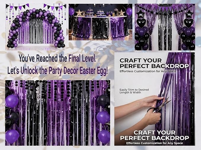 3 Packs Purple Black Foil Fringe Curtains, Birthday Party Decorations Backdrop Tinsel Steamer, Wedding Engagement Bridal Shower Party Decorations Retirement Decor Graduation Party Backdrop