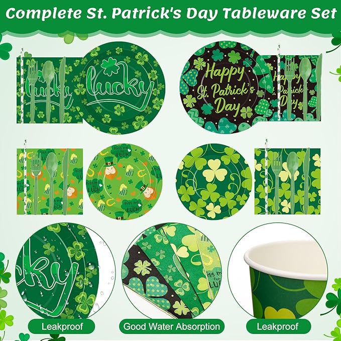 450 Pcs Happy St. Patrick's Day Tableware Set Decorations, Lucky Green Shamrock Paper Plates Clover Napkins Cups Cutlery Straws for Irish Festival St. Patrick's Day Party Supplies, Serves 50