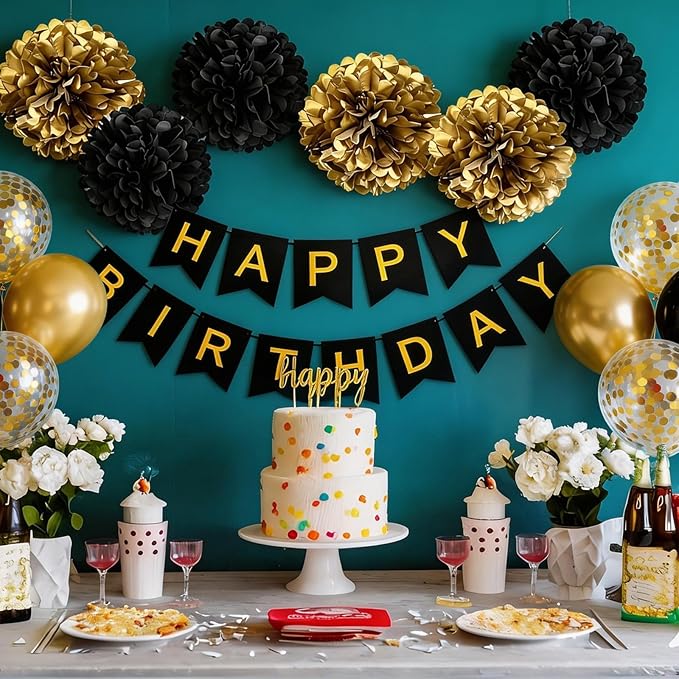 Birthday Decorations for Men Gold and Black Party Decor Supplies Boy Including Happy Birthday Banner Confetti Latex Balloon Foil Balloon and Ribbon