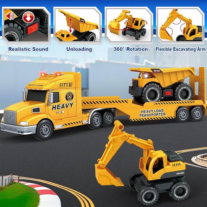 Toddler Boy Toys for 3 4 5 6 7 Years Kids, 27" Semi Construction Carrier Truck Toy with Excavator and Dump Truck, Friction Powered Toys with Lights and Sounds, Birthday for Boy Girls