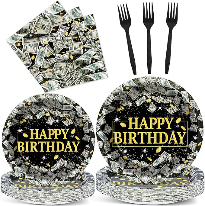 gisgfim 96PCS Money Birthday Party Supplies Paper Plates Napkins Money Decorations Tableware Set Disposable Hundred Dollar Bills Birthday Party Decorations Favors for Adults Serves 24