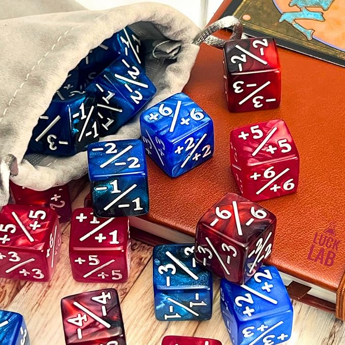 Luck Lab MTG Magic Life Counter Dice, 48 PCS - Compatible w/Magic Card Game Accessories, CCG Creature Stats w/ 2 Dice Bags (Blue Pearl, Blue Swirl, Red Pearl, Red Swirl)