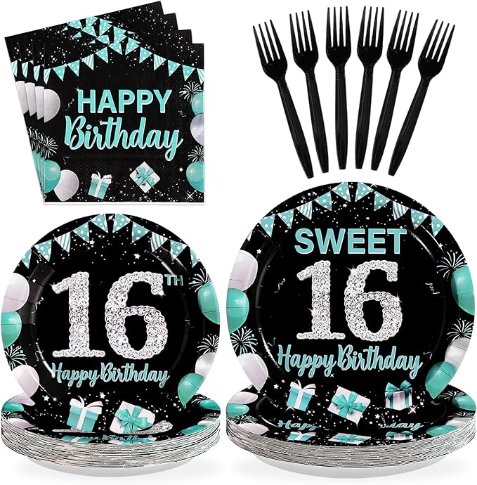 96Pcs 16th Birthday Party Supplies Teal Blue and Black Plates and Napkins Disposable Turquoise Sweet 16 Years Old Paper Tableware Set for Boys Girls 16th Birthday Party Decorations Serves 24