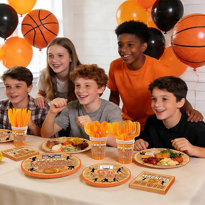 168Pcs Basketball Party Decorations Let The Madness Begin Plates Napkins Cups Forks Knives Spoons March Theme Basketball Sports Tableware for Boys Sports Birthday Party Supplies Serves 24