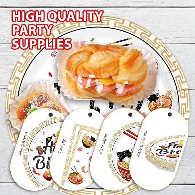 96Pcs Ramen Noodles Birthday Decorations Ramen Party Plates and Napkins Japanese Food Noodle Theme Tableware Set for Boys Girls Men Women Happy Birthday Party Supplies Serves 24