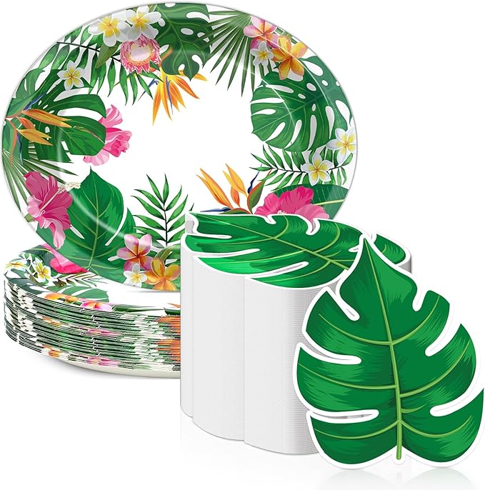 50PCS Hawaiian Luau Party Oval Paper Plates Green Leaf Shape Napkins Aloha Floral Party Supplies Large 11in Summer Platters Tableware Decoration Disposable Tropical Dish Tray for Beach Birthday Party