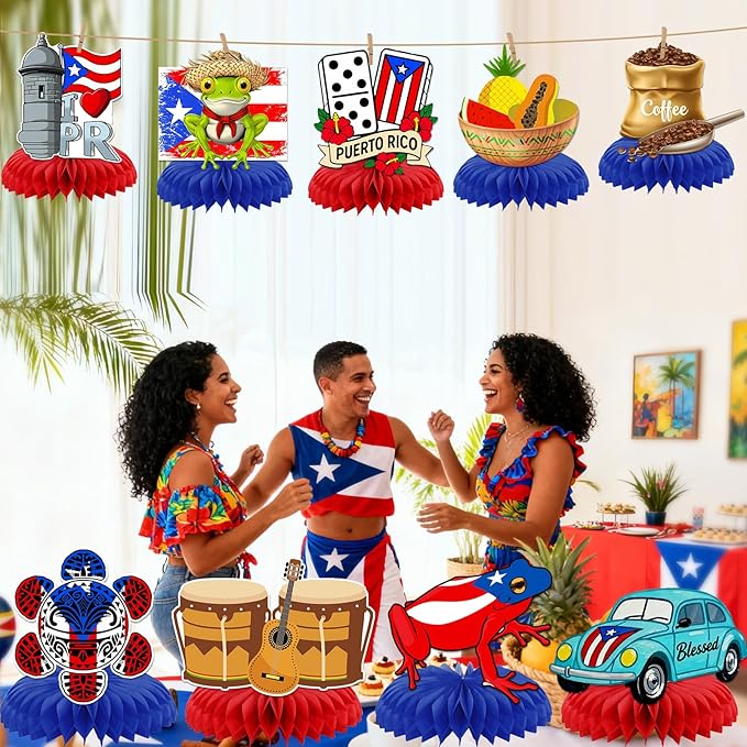 Puerto Rico Party Decorations: 9PCS Puerto Rico Honeycomb Centerpieces for Tables Puerto Rican Rapper Theme Party Decorations Puerto Rican Table Decor for Birthday Patriotic Festival Party Supplies