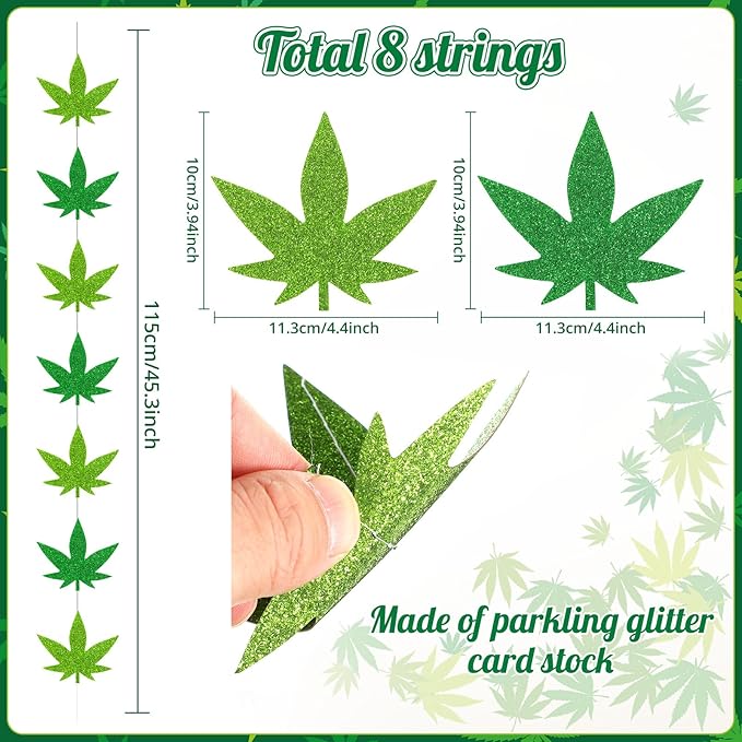 Capoda 8 Pcs Weed Decorations Pot Weed Leaves Garlands Green Leaves Garland Banner Glitter Green Leaf Paper Cutouts Hanging Decor for 420 Birthday Party Supplies