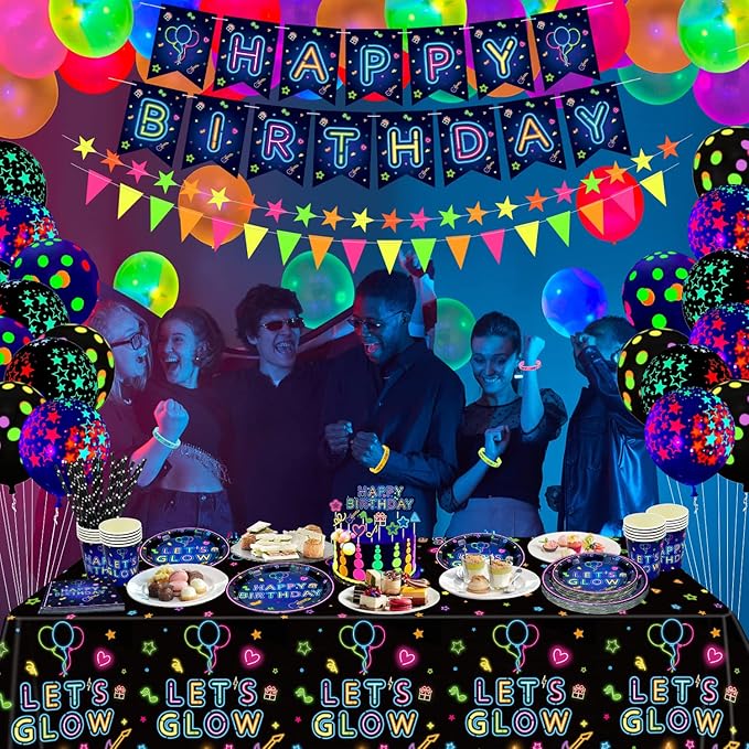 238 PCS Let's Glow Neon Party Supplies - Glow Tableware Set, Balloon Banner, Cake Toppers & Tablecloth for Blacklight Party Decoration (Serves 20)