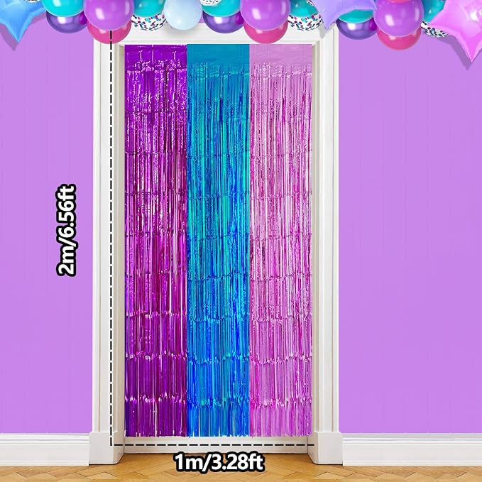 4 Pack Purple Blue Pink Foil Fringe Curtains Backdrop Birthday Party Decorations, 3.28 x 6.56 Ft Music Themed Tinsel Streamer Banner Photo Booth Props for Mermaid Sea Party Decor Supplies Favors