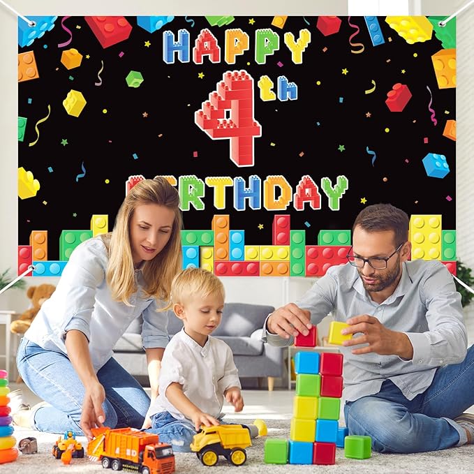 Panelee Building Block Birthday Banner Building Blocks Party Backdrop Decoration Happy Birthday Banner Photography Background for Party, 72.8 x 43.3 Inch (Black,4th)