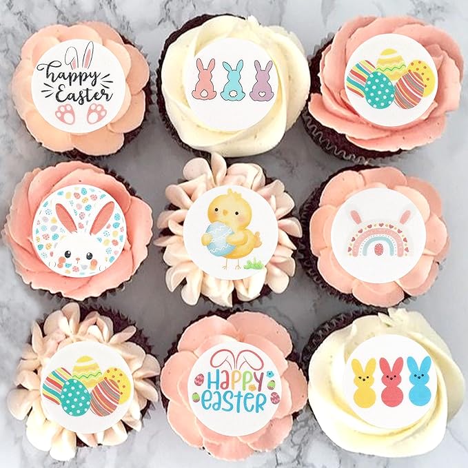 Ercadio 40pcs Edible Happy Easter Cupcake Topper Round Edible Easter Bunny Rabbit Ears Eggs Cupcake Picks For Easter Sunday Birthday Spring Baby Shower Party Cake Decorations Supplies