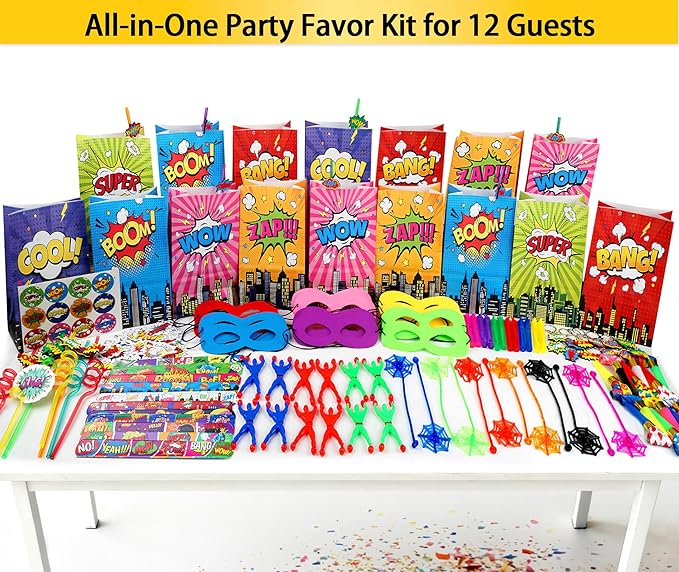 208Pcs Hero Party Favors - for 12 Guests, Hero Birthday Party Supplies, with Mask Straw Slap Bracelets Keychain Party Blowers Stickers Sticky Hands for Goodie Bag Stuffer, Pinata Filler