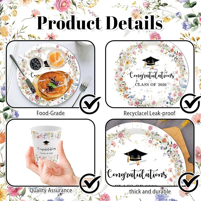 168 Pcs Class of 2026 Plates Cups Napkins Tablecloth Set Wildflower Graduation Party Supplies Floral Class of 2026 Graduation Decorations Serve 24 Guests