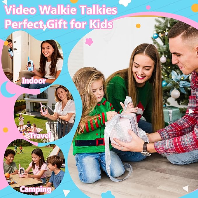 Video Walkie Talkies for Kids 2 Pack, 2.0" IPS Dual Camera with Photo Share & Voice Chat, Rechargeable Long Range with Lanyard for Indoor/Camping/Hiking, Birthday Gift Boys Girls Age 3+ (Blue/Pink)