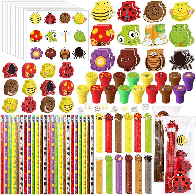 168 Pcs Insect Party Favors Set Bee Ladybug Frog Snail Mushroom Flower Theme Stationery Kit with Pencils Notepads Stampers Rulers Erasers Stickers Gift Bags Bug Party Supplies for Birthday