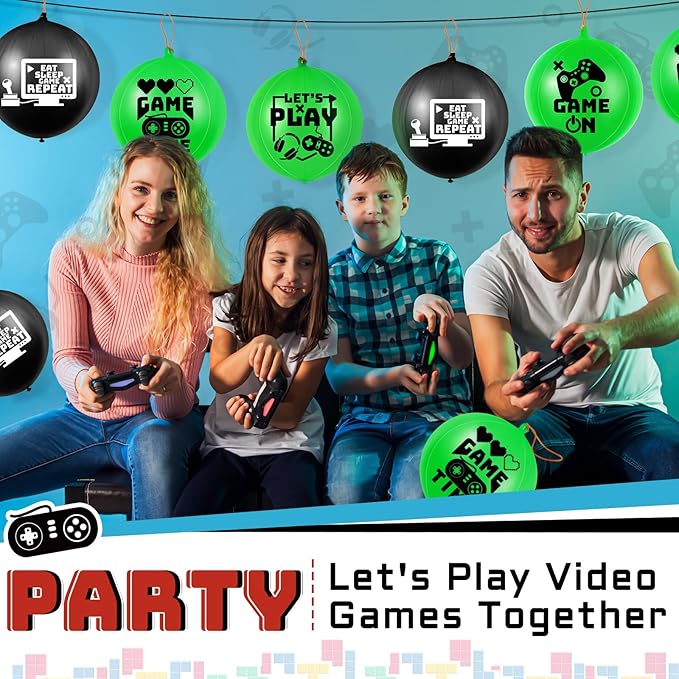 32 Pcs Video Game Punch Balloons Pixelated Punch Ball Pixel Video Game Balloons Latex Balls Toys for Birthday Party Favors Supplies, Goodie Bag Filler(Green, Black)