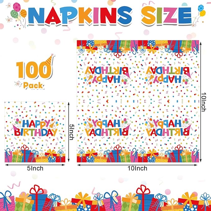 100 Pcs Happy Birthday Napkins Kids 5X5 Inch Rainbow Birthday Cocktail Napkins with Colorful Dots and Gift Boxs Pattern Design, Birthdays Party Supplies Suitable for Women & Kids