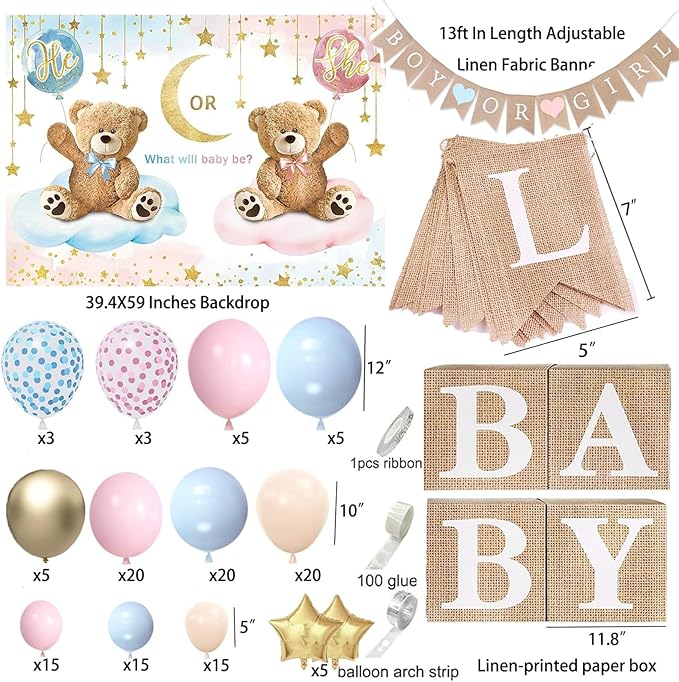 139Pcs Gender Reveal Decorations Kit with Baby Box Pink Blue Balloon Garland Arch Boy or Girl Burlap Banner He Or She Bear Backdrop Baby Shower Gender Reveal Ideas Decor Party Supplies