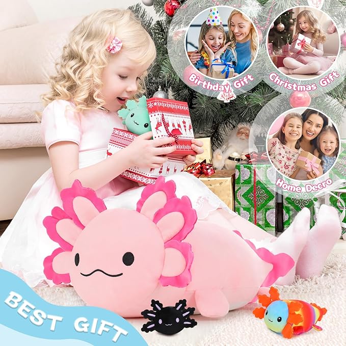 4Pcs Axolotl Plush Set - 24 Inch Large Pink Mommy with 3 Babies, Soft Pillow Stuffed Animals for Decor or Gift, Safe for Girls & Boys