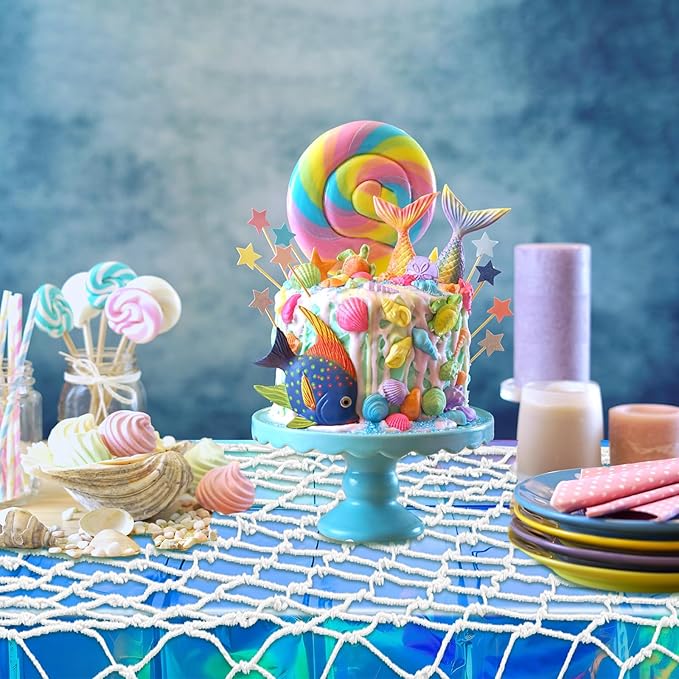 Unittype 6 Pcs Fish Net Decorative and Tablecloth Set, Cotton Fishnet and Plastic Table Cover Decorations Set for Nautical Themed Party Baby Shower Pirate Decorations Mermaid Party (Iridescent Wave)