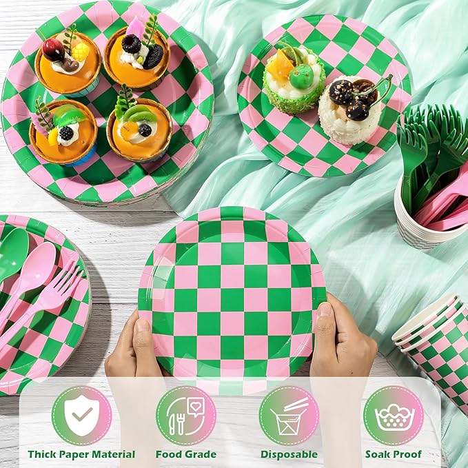 Zhehao 144 Pcs Pink and Green Checkered Party Decor Tableware Pink and Green Gingham Plaid Paper Plates Cup Napkin Knives Fork Spoon for Witch Princess Themed Party Disposable Supplies Serve 24 Guest