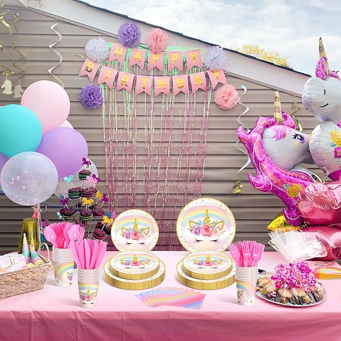 Meanplan 168 Pcs Unicorn Party Tableware Supplies Set Include Rainbow Unicorn Paper Plates Napkins Cups Knives Forks Spoons for Girls Guests Birthday Baby Shower Party Favor Serves 24 Guests