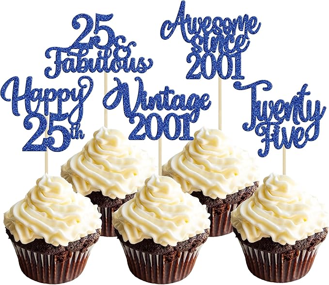 Ephlyn 30Pcs Happy 25th Birthday Cupcake Toppers Glitter Twenty-Five 25 Fabulous Vintage 2001 Cupcake Picks for 25th Birthday Anniversary Retirement Party Cake Decorations Supplies Dark Blue