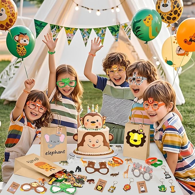 Winrayk 12 Sets Jungle Safari Party Favors Wild Animals Birthday Supplies, Tote Bag Paper Glasses Animal Figure Silicone Wristband Keychain, Goodie Bag Stuffers Kids Girl Boy Safari Jungle Party Decor