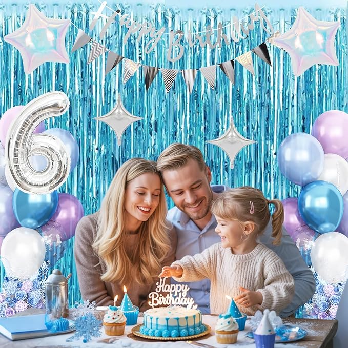 6th Snow Birthday Decorations for Girl, Blue Purple Balloons with Happy Birthday Banner Curtain Silver Number 6 Balloon Iridescent Star Foil Balloons for Girls Baby Shower Birthday Party Supplies